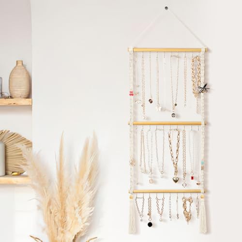 UREYMX Hanging Jewelry Organizer Macrame Necklace Holder, with 30 Hooks, Over Door Necklace Rack, Wall Mounted Jewelry Hanger with Tassel Boho for Necklace Headband Bow Earring Bracelet