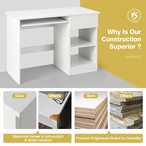 GOFLAME Home Office Desk with Drawer, Wooden Storage Computer Desk with Keyboard Tray & Adjustable Shelves, Executive Table Makeup Vanity Table Desk for Bedroom, Small Space, White