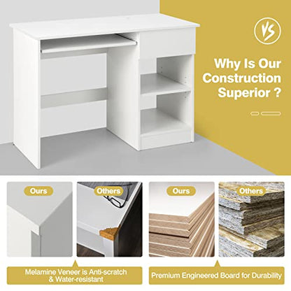 GOFLAME Home Office Desk with Drawer, Wooden Storage Computer Desk with Keyboard Tray & Adjustable Shelves, Executive Table Makeup Vanity Table Desk for Bedroom, Small Space, White