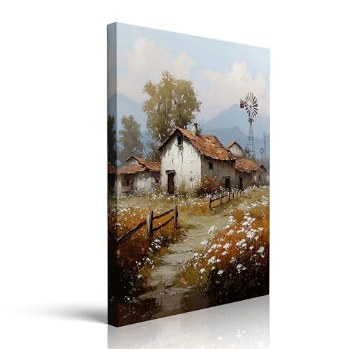 Canvas Wall Art Framed Rustic Farmhouse Windmill Mountain Landscape Impressionist Textured Vintage Serene Cozy Earthy Peaceful Wall Decor for Living Room Countryside Nature Floral Decor 16x24 Inches - color: cabin, size: 24"L x 16"W