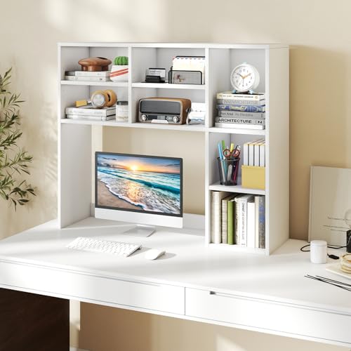 Giantex Desktop Bookshelf, Desk Hutch Dorm w/ 7 Cubes & 3 Adjustable Shelves, Desk Shelf for Up to 27" Computer Monitors, Wooden Desktop Storage Organizer for Dorm College Office Home (White) - color: White, size: 7 Shelves (31"H)