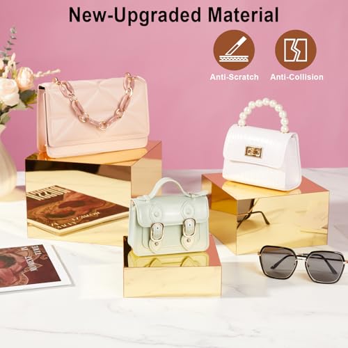 3 Pcs Gold Acrylic Risers Display Stands, Mirrored Nesting Cube Boxes Pedestal for Figures Collectibles, Jewelry Purse Wallet Showcase Blocks, Buffet Risers Food Display Catering Dessert Cake - size: Gold 3pcs (6",7",8")