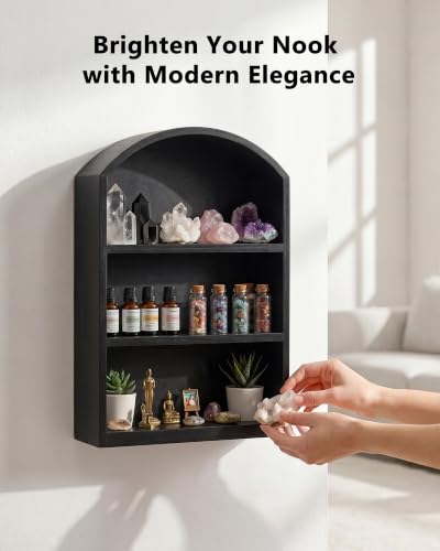 9"x13.5" Small Arched Trinket Display Shelf Shadow Box, Black | Fully Assembled, Wooden Shelf for Wall or Desk, Display Collectibles, Knick Knacks, Mini Figurines, Perfumes & Crystals - color: Black