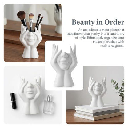 Face-Holding Creative Pen Holder Art Decor Ornament, suitable for desk/vanity tabletop brush storage, home/office/bookshelf room decoration, with artificial flower base and gift-giving.