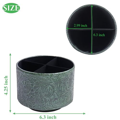 lizimandu Round Leather Art Supply Organizer,Remote Control Holder,360 Degree Spinning,Multi-Functional Pencil Holder,4 Compartments Desktop Stationary Organizer(1-Carved Metal Green1) - color: 1-Carved Metal Green1