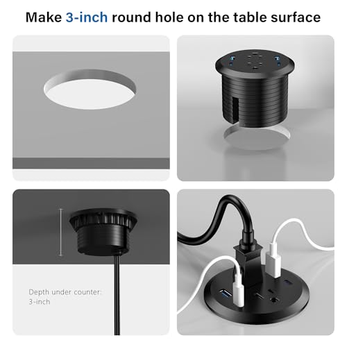 3 inch Desktop Power Grommet with PD 20W USB C,Furniture Recessed Power Strip,2 Outlets,4 USB Ports,40W Total,Flush-Mount for Desktop, Workspace Essential Desk Outlet (Black, 6 FT Cable)