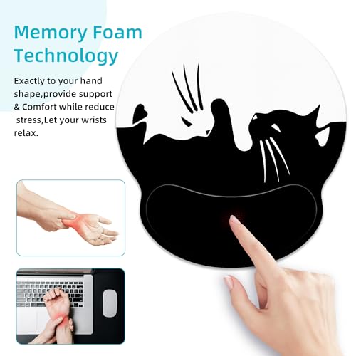 Ergonomic Mouse Pad with Wrist Support,White and Black Cat Mouse Pad with Wrist Rest,Relieve Wrist Pain Mousepad Non-Slip Rubber Base,Mouse Pads for Desk,Computers,Laptop,Office,Home,Accessories - color: White And Black Cat