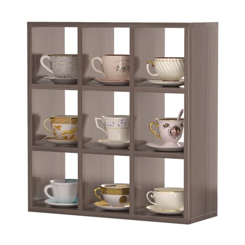Helsin 9 Grid Vintage Coffee Mug Display Rack, 16inch Wall Mounted Wooden Curio Shadow Box Shelf, Cup Floating Shelves Display and Organizer - color: Grey