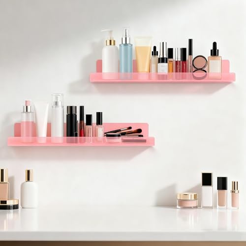 Dezzer 4 Pack Acrylic Shelves for Wall, 15" Acrylic Floating Shelves for Bathroom Bedroom, Invisible Bookshelf Wall Ledge Storage Shelf Books Perfume Toys Action Figure Display Shelves, Pink - style: 15 inch 4-pack Pink
