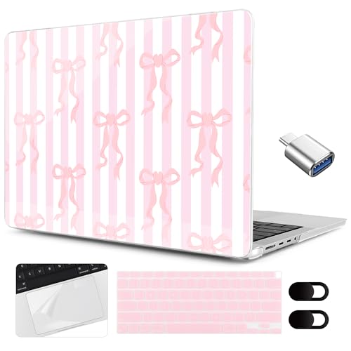 MEEgoodo for MacBook Air 13.3 inch Case 2021 2020 2019 2018 A2337 M1 A2179 A1932, Laptop Shell for MacBook Air M1 with Keyboard Webcam Cover & Trackpad Film & Type C Adapter, Pink Bows&Stripes - color: Pink Bows&Stripes