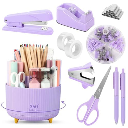 SKYDUE Purple Office Supplies Set, Purple Office Desk Accessories 10PCS, Pencil Holder for Desk, Stapler, Tape Dispenser, Scissors, Ruler, Binder/Paper Clips and 1000pcs Staples,Desk Supplies Set - color: Purple