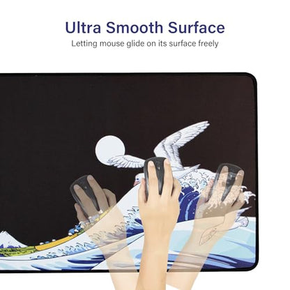 XVX Japanese Sea Wave Large Mouse Pad for Desk, Desk Mat with Seamed Edges, Waterproof Desk Pad, Gaming Mouse Pad Non-Slip Rubber Base, 31.5x11.8 Inch 3mm Thick Keyboard Pad Computer Mat, Kanagawa - color: Kanagawa