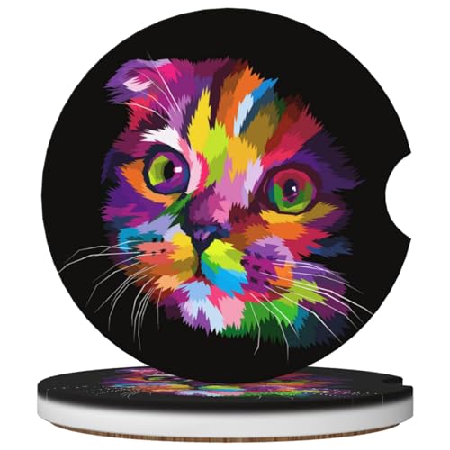 2 Pack Car Cup Holder Colorful Cat Coasters Absorbent Ceramic Coaster for Cup Holders Fashion Car Interior Accessories for Men Drink Coaster for Women - color: Colorful Cat