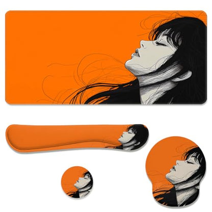 Anime Girl Aesthetic Desk Mat Set Minimal Line Art Portrait Mouse Pad with Wrist Rest 4in1 Desk Mat for Desktop Ergonomic Computer Desk Arm Wrist Anti-Slip Computer Mouse Pad Home Office Gaming - color: Anime Girl Aesthetic