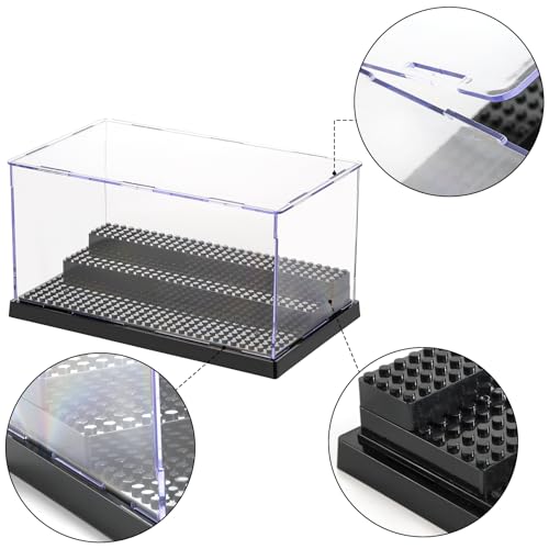 ZEAYEA 2 Pack Display Case for Minifigure Action Figures Blocks, Acrylic Display Box Storage with 3 Movable Steps, Dustproof Showcase for Collection Bricks Blocks Models Minifigures Building, Black