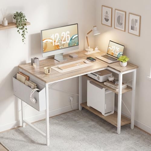 TIQLAB L Shaped Computer Desk with Power Outlets, 40 Inch Small Corner Desk with Reversible Shelves, Gaming Desk Computer Table Study Writing Table for Home Office Bedroom Small Space, Maple - color: Maple, size: 40 Inch