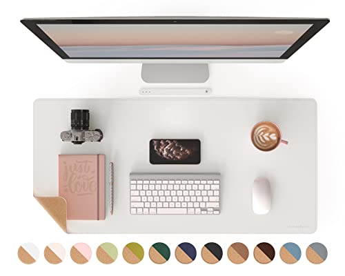 RENMTURE Dual-Sided Mouse Pad, Natural Cork & PU Leather Large Desk Pad for Office and Home Work, Desk Protector Non-Slip, Waterproof, Easy Clean (White, 36"x17") - color: White, size: 36"x17"