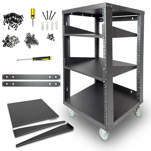 AxcessAbles 16U Open Frame Network & AV Rack with Caster Wheels, Two 2U Shelves, 10-32 & Cage Nut Compatible Rails, Cage Nuts, Screws, Cage Nut Tool & Wall Mount Kit | 19-Inch Equipment Rack - size: 16U - 2 Shelves