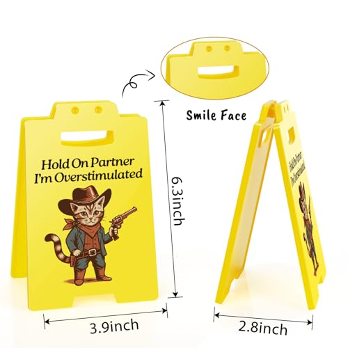 Funny Cowboy Cat Desk Sign - Hold On Partner I'm Overstimulated - Sassy Office Decor, Western Humor Gag Gifts for Cat Lovers, Coworkers, Women, Men - style: Western Cowboy Cat