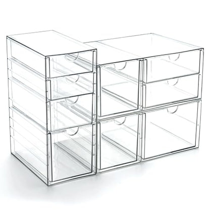 Prsildan Acrylic Drawer Makeup Organizer with 9 Drawers, Set of 3 Office Desk Organizers Accessories, Clear Stackable Storage Drawers for Vanity, Countertop, Craft, Jewelry, Art Supply Organization - style: 9 Drawers