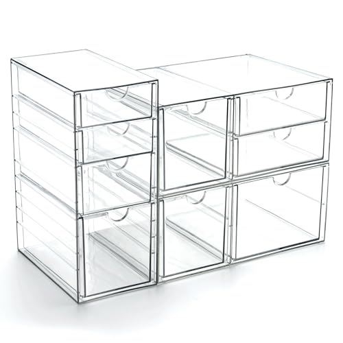 Prsildan Acrylic Drawer Makeup Organizer with 9 Drawers, Set of 3 Office Desk Organizers Accessories, Clear Stackable Storage Drawers for Vanity, Countertop, Craft, Jewelry, Art Supply Organization - style: 9 Drawers