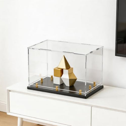 Acrylic Display Case for Collectibles, Dustproof Acrylic Box with Clear Display Elevation & Gold Risers, Large Display Case for Figures Toys Memorabilia, 16" L x 13" W x 13" H - size: 16"L x 13"W x 13"H