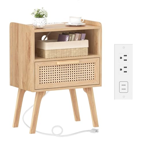 Lerliuo Rattan Nightstand with Charging Station, Boho Night Stand with Handmade Natural Rattan Drawer and Open Shelf, Cane Accent Side End Tables with Solid Wood Legs for Bedroom, Dorm, Small Spaces - color: Wood, size: 1 pack