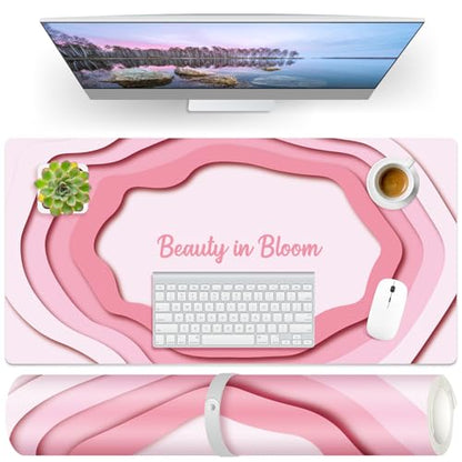 Dual-Sided PU Leather Desk Mat Blotter for Office, Home, Computer, Keyboard, Mouse, 15.7"x31.5" Large Non-Slip Writing Mat with Travel Storage Strap, Waterproof Easy to Clean (Pink Minimalist) - style: Pink Minimalist