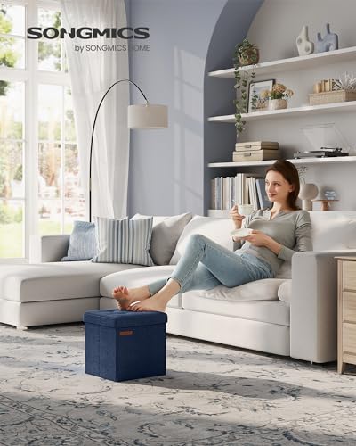 SONGMICS Storage Ottoman, Foldable Small Ottoman Foot Rest, 11.8 Inches Foot Stool, Cube Ottoman with Storage, Load up to 286 lb, for Living Room, Bedroom, Dorm, Midnight Blue ULSF028Q02 - color: Linen-look Fabric, size: 11.8"D x 11.8"W x 11.8"H
