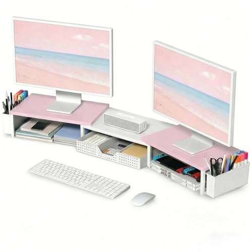 OPNICE Desk Organizers and Accessories, Dual Monitor Stand Riser with Drawer and 2 Pen Holders, Desk Shelf Wood Computer Racks for Office Workspace Organizers, Desktop Organization (Pink-White Wood) - color: Pink-White Wood