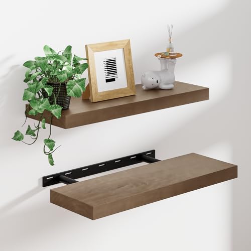 Heimlove Solid Wood Floating Shelves 24 inch, 8 Inch Deep Display Shelves Set of 2, Wall Mounted Floating Shelf with Invisible Brackets for Bathroom Bedroom Kitchen Living Room - American Walnut - color: American Walnut, size: 24”Wx8”Dx1.6”H