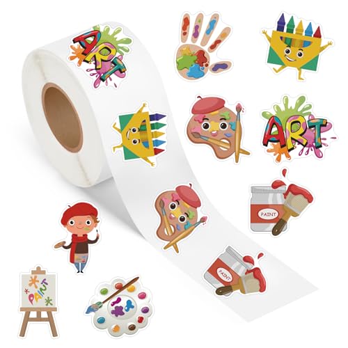 500 Pcs Cartoon Art Painting Stickers Roll Self Adhesive Waterproof Artistic Paint Palette Pigment Birthday Party Decorations Supplies Favors for Water Bottles Laptop Classroom School Reward Decals - color: Art Painting Stickers Roll