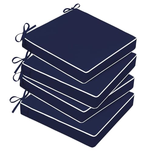 Basic Beyond Outdoor Chair Cushions for Patio Furniture, Waterproof Outdoor Seat Cushions Set of 4 19 x 19, Patio Chair Cushions Set of 4 with Ties and Handle, Navy Blue/White - color: Navy/White, size: 19x19x3