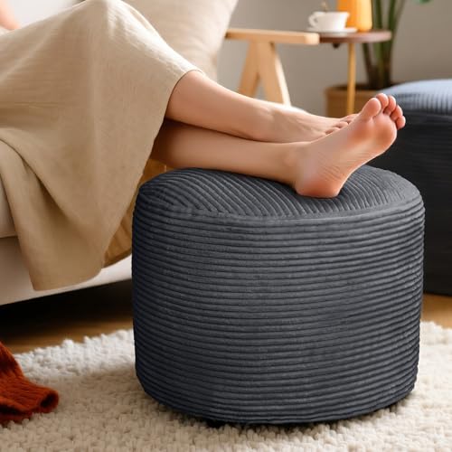 Round Corduroy Ottoman Foot Rest Pouf for Living Room Couch - Soft Plush Shredded Foam Filled Hassock Stool, Comfy Footstool - color: Dark Gray, size: 20"D x 20"W x 15"H