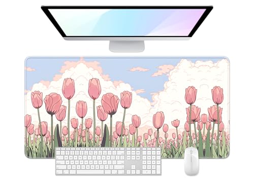 Desk Pad, 32" x 16" XXXL Extended Large Gaming Mouse Pad, Desktop Decor Desk Mat, Men Women Office Supplies and Accessories, Cute Anime Mouse Mat for Laptop & Keyboard, Pink Tulip - color: A-pink Tulip