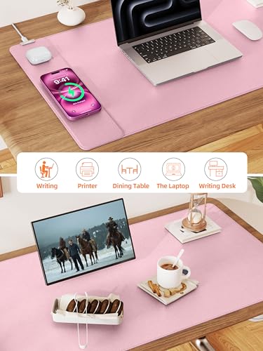TopMade Mouse Pad with 15W Wireless Charging, XXL Large Leather Desk Mat, Waterproof Gaming Mousepad Home Office Desk Pad Protector, Computer Keyboard Pad, Mouse Mat for MacBook, PC, Laptop, Pink - color: Pink