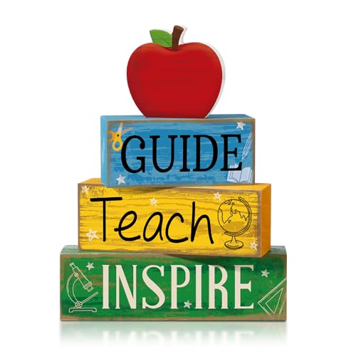 Yuntau 4 Pcs Back to School Gift Wooden Apple Table Decor Teacher Appreciation Gift Apple Tiered Tray Decor Guide Teach Inspire Block Sign First Day of School Gifts for Teachers Office Classroom - style: Apple