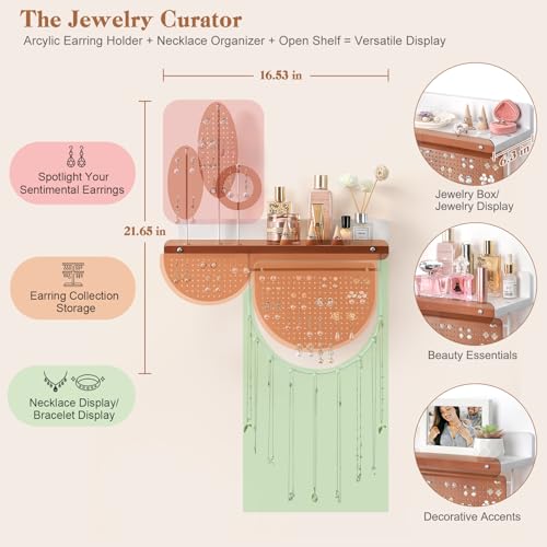 Keebofly Wall Mounted Hanging Jewelry Organizer - Acrylic Earring Organizer with Shelf for 444 Earrings, Sturdy Jewelry Tower for Earring, Stud, Necklace, Bracelet, Ideal Gifts for Women & Girls - color: White-Amber Acrylic