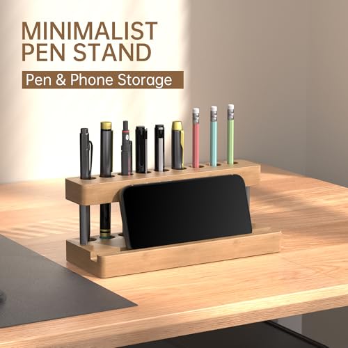 Wooden Holder for Office Desk, Solid Wood Pen Display Stand With 9 Slots and Cell Phone Holder, Aesthetic Pen Organizer for Minimalist Office Desk Decor (Wood+Black) - color: Wood+Black
