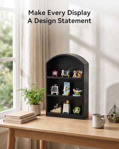 9"x13.5" Small Arched Trinket Display Shelf Shadow Box, Black | Fully Assembled, Wooden Shelf for Wall or Desk, Display Collectibles, Knick Knacks, Mini Figurines, Perfumes & Crystals - color: Black