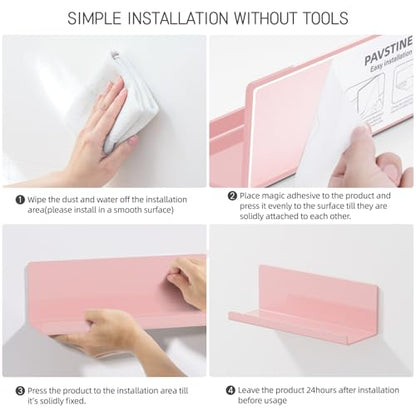 PAVSTINE Adhesive Floating Shelves for Wall No Drilling, 12 Inch Acrylic Self Adhesive Shelves, Stick on Shelves, Dorm Wall Shelf, for Bathroom, Kitchen, Bedroom, Office, Gaming Room, Pink - color: Pink