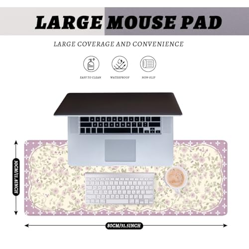 Floral Gaming Mouse Pad Pink Vintage Aesthetic Extended Gaming Mouse Pad Mat with Stitched Edge Non-Slip Base Office Computer Keyboard Laptop 31.5"x11.8" - color: Floral, size: 31.5L x 11.8W inches