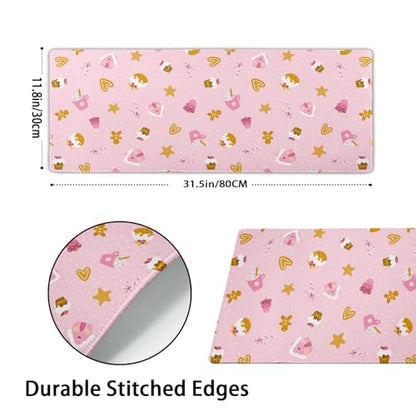 Pink Christmas Gaming Mouse Pad XL Cute Kawaii Cupcake Gingerbread Extended Big Large Desk Mat Non-Slip Rubber Base Stitched Edge Xmas Holiday Long Keyboard Mousepad for Computer Laptop,31.5×11.8 in - color: Pink Christmas, size: X-Large