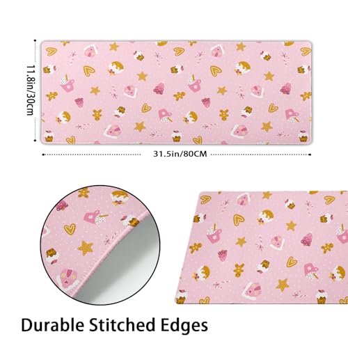 Pink Christmas Gaming Mouse Pad XL Cute Kawaii Cupcake Gingerbread Extended Big Large Desk Mat Non-Slip Rubber Base Stitched Edge Xmas Holiday Long Keyboard Mousepad for Computer Laptop,31.5×11.8 in - color: Pink Christmas, size: X-Large