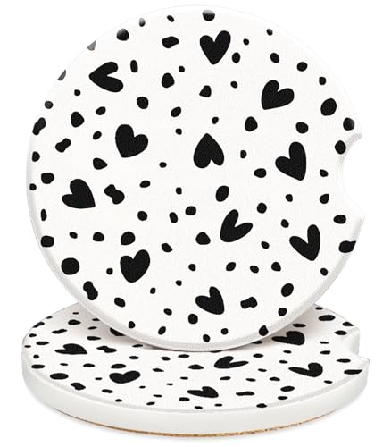 Swooflia Car Coasters for Women - Black Heart Ceramic Car Cupholder Coaster Absorbent Mat Coaster with Cork Base 2 Pack 2.55 inch Automotive Cup Holder Accessories New Driver Gifts for Decor - color: Black Heart
