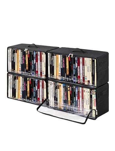 4-Pack DVD Storage Box, Stackable DVD Case Holder Organizer with Front Zippered Clear Window, CD Holder for CD, Blu-ray, VHS, Video Games, and Movie Collection, Holds 100+ Cases