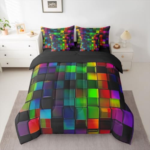 jejeloiu Pixelated Black Colorful 7 Piece Bedding Set Full Size,Geometric Check Video Games Bed in a Bag for Boys Girls,Gamepad Grid Comforter Set with Sheets,Pillowcases & Cushion Cover Room Decor - color: Black Colorful, size: Full