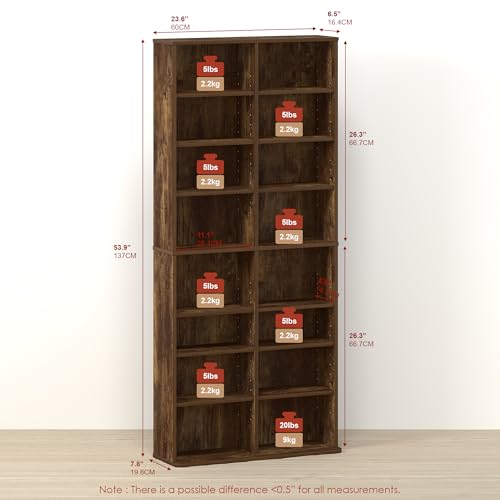 Toki 16-Shelf DVD Storage, CD Rack, Media Shelf, Media Storage, with Adjustable Shelves, for Living Room, Rustic Amber - color: Rustic Amber, size: 16-Shelf