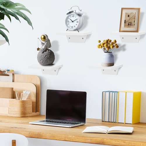 PHOENANCEE Small Floating Shelves,Speaker Shelf,Trapezoid Wall Shelf for Table Lamp Plants Display,Decorative Wood Ledges Chic for Living Room,Bedroom,Kitchen,Office,Pine,8x6 Inch,4 Pack(White) - color: White, size: Set of 4