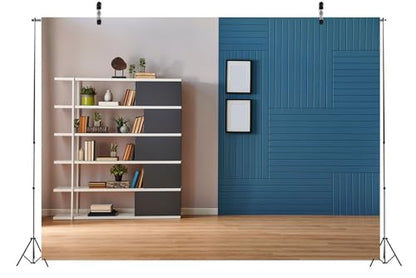 BELECO 9x6ft Fabric Living Room Backdrop for Video Conference, Modern Bookshelf with Books, Wooden Floor, Empty Room Background Home Office Decor Zoom Meetings Live Video Photo Studio Props - size: 9x6FT